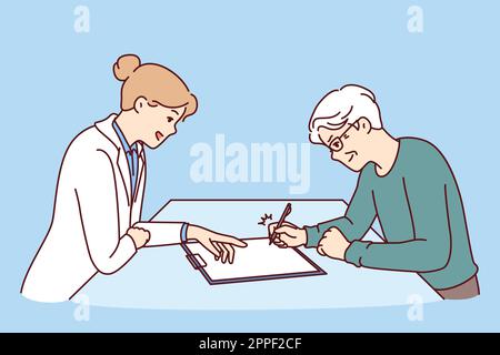 Elderly man sits near doctor filling out questionnaire for insurance for treatment of chronic diseases. Elderly man signing contract with hospital employee for advice or medical care  Stock Vector