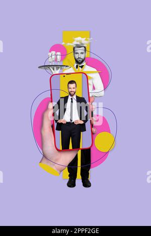 Vertical collage picture of arm hold smart phone display elegant guy black white effect waiter hold champagne tray isolated on violet background Stock Photo