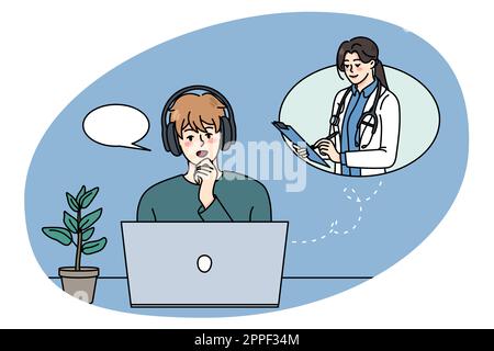 Young man talk on video call with doctor on computer on lockdown at home. Guy have webcam conversation or communication with therapist on laptop. Distant consultation. Vector illustration. Stock Vector