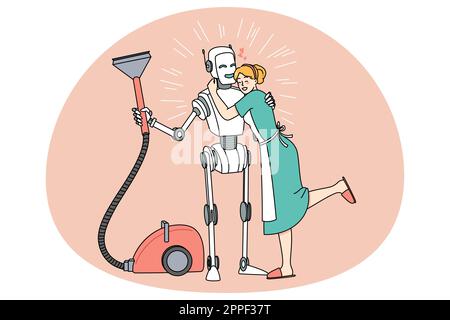Happy housewife hug robot assistant thanking for help. Smiling wife embrace robotic virtual helper with vacuum cleaner. Housekeeping and new modern technologies. Vector illustration. Stock Vector