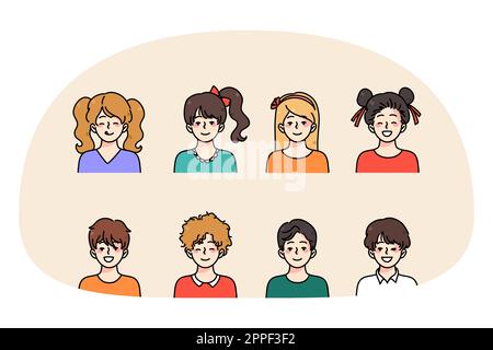 Set of diverse little happy children show different emotions and face expressions. Collection of smiling small boys and girls kids feel cheerful and positive. Childhood concept. Vector illustration. Stock Vector