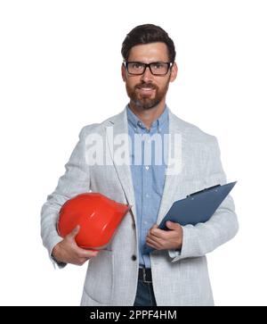 Professional engineer with hard hat and clipboard isolated on white Stock Photo