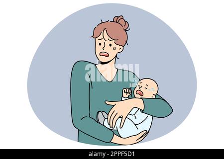 Motherhood problems and stress concept. Young stressed woman mother holding her crying infant baby on hands feeling nervous frustrated postpartum depression vector illustration Stock Vector