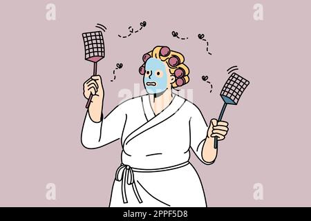 Funny overweight woman in bathrobe and mask on face beat insects with fly swatters. Anxious female chasing flies with special tool. Vector illustration.  Stock Vector