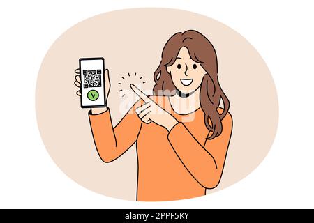 Qr code and Online payment concept. Young woman standing pointing at smartphone screen with qr code and payment confirmation on it vector illustration Stock Vector