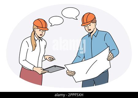 Construction engineers and workers concept. Young woman and man workers engineers teammates in helmets standing and discussing plan of blueprints construction vector illustration Stock Vector
