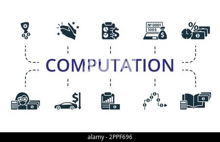 Computation outline set. Creative icons: asset, appreciation, balance sheet, individual account, credit, bookkeeper, depreciation, income statement Stock Vector