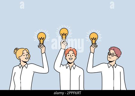 Smiling businesspeople with lightbulbs in hands generate creative ideas. Happy employees with light bulbs brainstorm develop business project or thought. Vector illustration.  Stock Vector