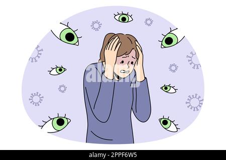 Panic of chase and Inner fears concept. Young stressed woman standing feeling invisible eyes around her feeling panic and nervous problems vector illustration Stock Vector