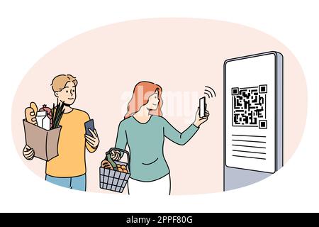 Online payment and qr code concept. Young couple standing holding bags with food paying online with smartphone on qr code vector illustration Stock Vector
