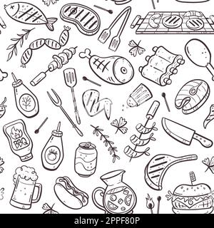 Barbecue party seamless pattern with meat, burgers, sausages and barbecue utensils. Isolated doodle elements on white background. Hand-drawn vector il Stock Vector