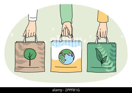 Ecology care and eco-friendly things concept. Human hands holding eco-friendly bags with pictures of plant planet and tree vector illustration Stock Vector