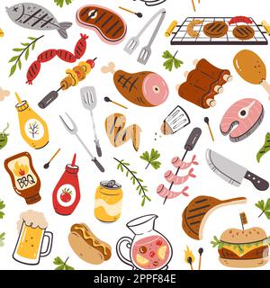 Barbecue party seamless pattern with meat, burgers, sausages and barbecue utensils. Isolated elements on white background. Hand-drawn vector illustrat Stock Vector