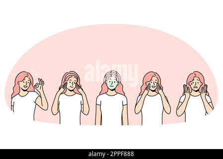 Skin care and treatment concept. Young smiling woman having skin acne problems applying mask and cream having healthy shiny skin vector illustration Stock Vector