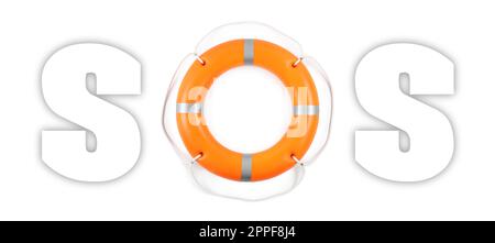 SOS message made from lifebuoy and letters on white brick wall. Banner ...