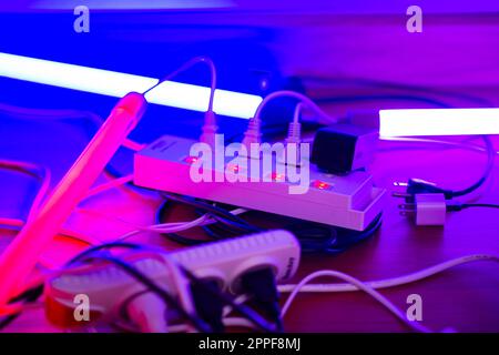 Many plugs connected to the power strip with individual switches. Stock Photo