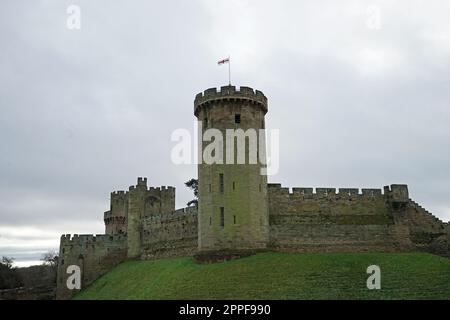 Exterior architecture and building design at Warwick castle, Medieval Fortress on the banks of the river Avon developed from a wooden fort- UK Stock Photo