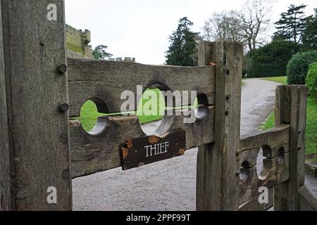 Exterior architecture and building design at Warwick castle, Medieval Fortress on the banks of the river Avon developed from a wooden fort- UK Stock Photo