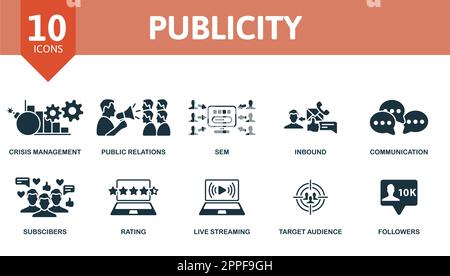 Publicity outline set. Creative icons: crisis management, public relations, sem, inbound, communication, subscribers, rating, live streaming, target Stock Vector