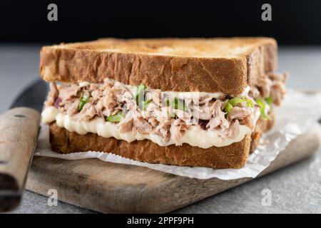 Tuna sandwich with mayo and vegetables on gray surface Stock Photo
