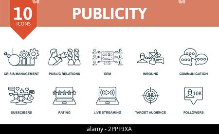 Publicity outline set. Creative icons: crisis management, public relations, sem, inbound, communication, subscribers, rating, live streaming, target Stock Vector