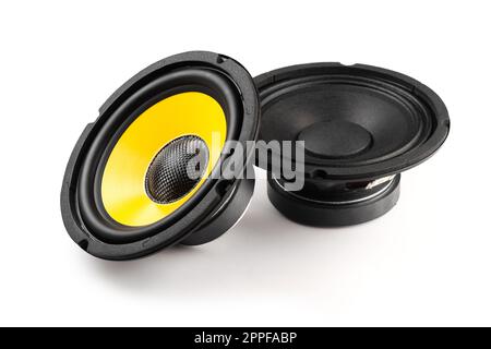 The black audio loudspeaker with yellow diaphragm. audio equipment concept. Stock Photo