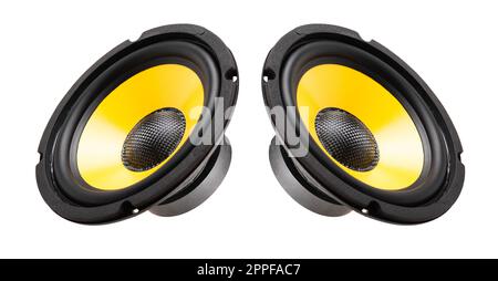 The black audio loudspeaker with yellow diaphragm. audio equipment concept. Stock Photo