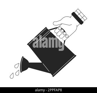 Watering with sprinkling can flat line black white vector first view hand Stock Vector