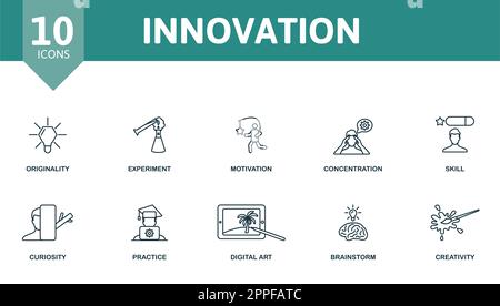 Innovation outline set. Creative icons: originality, experiment, motivation, concentration, skill, curiosity, practice, digital art, brainstorm Stock Vector