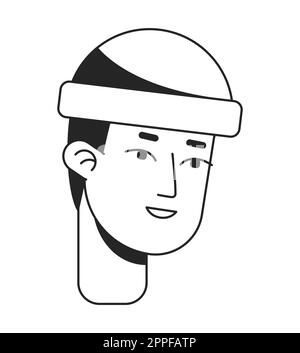 Contented man with crochet hat flat line monochromatic vector character head Stock Vector