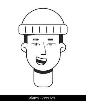 Thrilled man with wool beanie flat line monochromatic vector character head Stock Vector