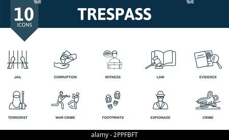 Trespass outline set. Creative icons: jail, corruption, witness, law, evidence, terrorist, war crime, footprints, espionage, crime. Stock Vector