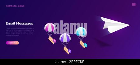 Email message service, isometric concept vector illustration. Flying paper plane and parachuting icon envelopes, unread message, ultraviolet web page for email marketing company, sending notifications Stock Vector