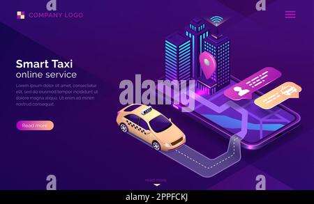 Smart taxi online service isometric landing page. Yellow cab driving near city buildings to gps location pin on huge mobile phone screen. Online car order app for smartphone 3d vector illustration Stock Vector