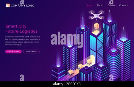 Smart city future logistic isometric landing page. Drone delivery cargo ...