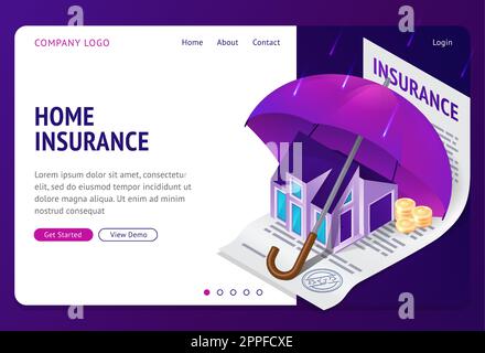 Property insurance isometric landing page. Real estate building stand under huge umbrella on signed policy document with money coins. Home accident protection service 3d vector illustration web banner Stock Vector