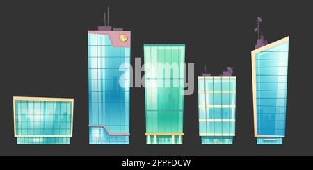 Skyscraper buildings set, modern house architecture. City towers with glass windows and satellite antennas, office center or hotel exterior isolated on black background. Cartoon vector illustration Stock Vector