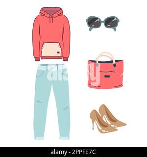 Vector hand-drawn collage of women's clothing and accessories isolated on a white background. An outfit in a casual and elegant feminine style. Hoodie Stock Vector