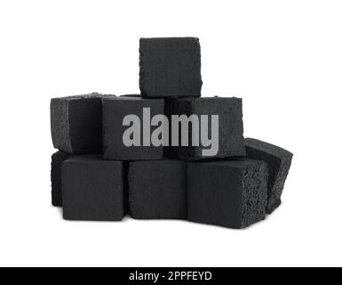 Stack of charcoal cubes for hookah on white background Stock Photo