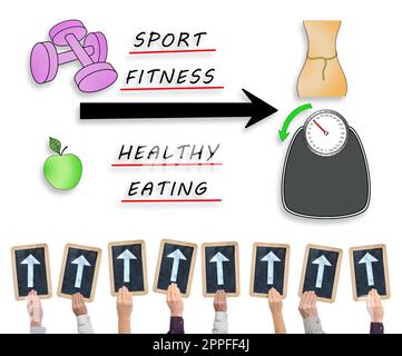 Hands holding writing slates with arrows pointing on weightloss concept Stock Photo