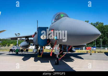BERLIN, GERMANY - JUNE 23, 2022: Multirole fighter, strike fighter Boeing F-15E Strike Eagle. US Air Force. Exhibition ILA Berlin Air Show 2022 Stock Photo