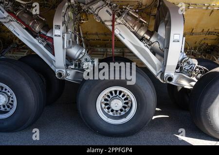 BERLIN, GERMANY - JUNE 23, 2022: Landing gear of military transport aircraft Airbus A400M Atlas. Exhibition ILA Berlin Air Show 2022 Stock Photo