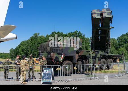 BERLIN, GERMANY - JUNE 23, 2022: Mobile surface-to-air missile and anti-ballistic missile system MIM-104 Patriot. German Air Force. Exhibition ILA Berlin Air Show 2022 Stock Photo