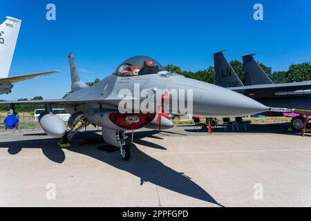 BERLIN, GERMANY - JUNE 23, 2022: Multirole fighter, air superiority fighter Lockheed Martin F-16 Fighting Falcon. US Air Force. Exhibition ILA Berlin Air Show 2022 Stock Photo