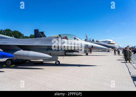 BERLIN, GERMANY - JUNE 23, 2022: Multirole fighter, air superiority fighter Lockheed Martin F-16 Fighting Falcon. US Air Force. Exhibition ILA Berlin Air Show 2022 Stock Photo