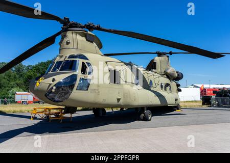 BERLIN, GERMANY - JUNE 23, 2022: Transport helicopter Boeing CH-47 Chinook. US Army. Exhibition ILA Berlin Air Show 2022 Stock Photo