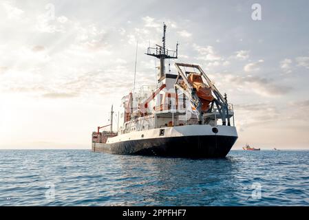 Oil products tanker ship at Akrotiri Bay, Limassol Cyprus Stock Photo