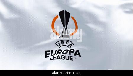Close-up of the UEFA Europa League flag fluttering Stock Photo