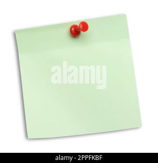 Blank light green note pinned on white background, top view Stock Photo