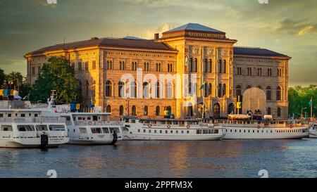 Nationalmuseum, or National Museum of Fine Arts, Peninsula Blasieholmen in central Stockholm, Sweden, at sunset Stock Photo